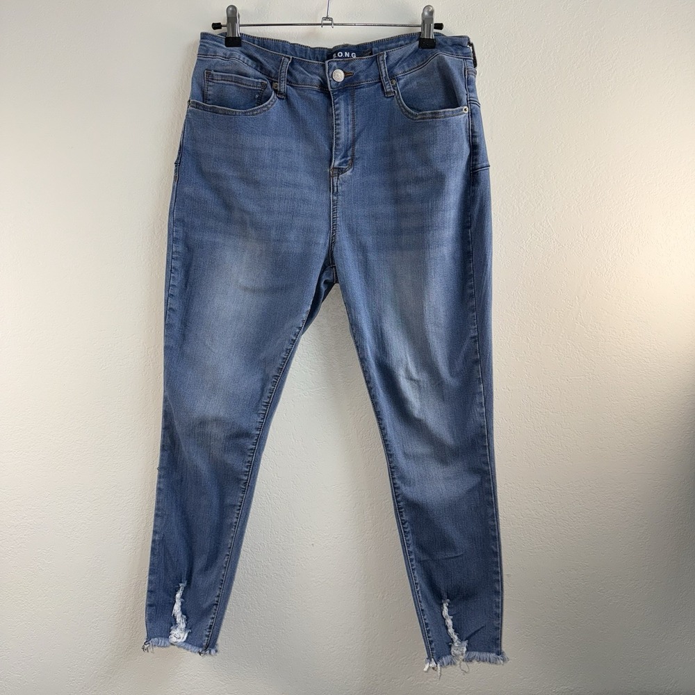 S.O.N.G Skinny Jeans Womens 15/32 Blue Distressed Stretch Denim Mid Rise Raw Hem